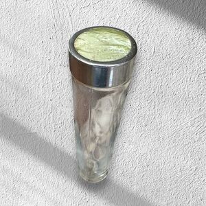 6” tall glass bottle cylinder Owens-Illinois w green resin plastic lid vintage